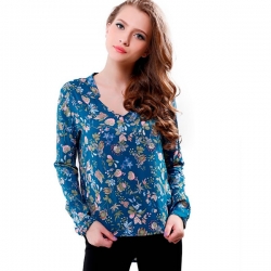 Long Sleeve Floral Printed Bule Top