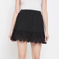 Black Solid Laser Cut Mini Flared Skirt, Western Wear, Shorts & Skirts ...