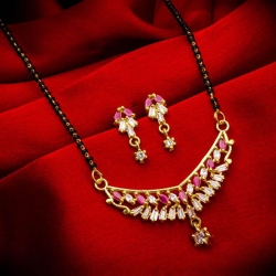 American Diamond Pink & White Stone Studded Mangalsutra Earrings Set