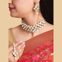 White kundan Look Stone Studded Jewellery Necklace Set