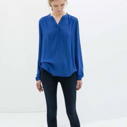 Mandarin Collar Casual Blue Shirt