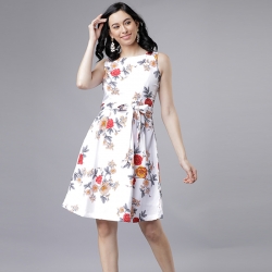  Littledesire Boat Neck Floral Print White Dress