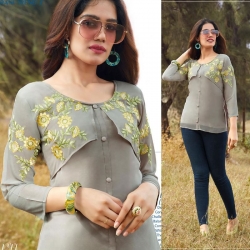 Round Neck Embroidered Grey Short Kurti Top