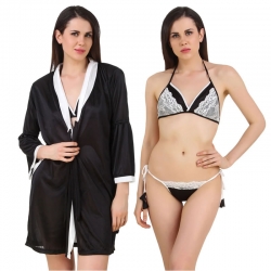 Littledesire Bra & Thong Satin Night Robe 3 Pcs Set