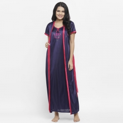 Lace design Satin Long Wrap Robe Sleepwear - 2 Pcs Set