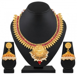 Gold Plated Temple Work Necklace With Jhumki Earrings