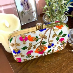 Floral Embroidery Party Wear Clutch Purses With Chain Bag
