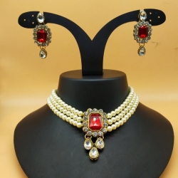 Green & Red Stone Pearls Choker Necklace Set