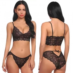 Floral Design V-Neck Lingerie Bra Panty Set 