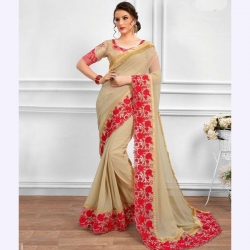 Red Floral Embroidered Bangalori Silk Party Wear Saree