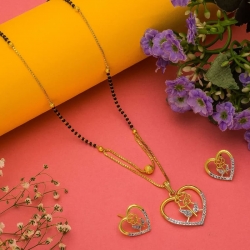 Heart Shape Rose Design CZ Golden Plated Mangalsutra & Earrings Set