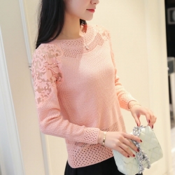 Hollow-Out Pullover Knitted Sleeves Lace Beading Collar Sweater Top