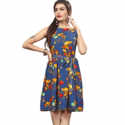 Littledesire Boat Neck Floral Print Blue Crepe Dress