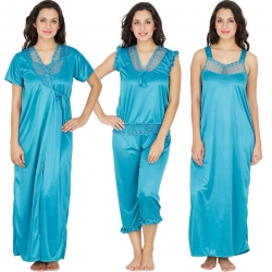 Lace 4 pcs Blue Nightwear With Robe Set Sating Nighty