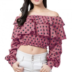 Polka-Dot Print Off Shoulder Ruffle Crop Top