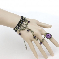 Black Lace Flower Vine Beads Bracelet With Rose Ring 