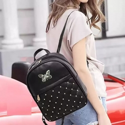 Pom-Pom Fur Ball Stylish PU Leather Black Backpack