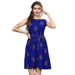 Littledesire Boat Neck Print Blue Crepe Dress