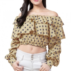 Polka-Dot Print Off Shoulder Ruffle Crop Top