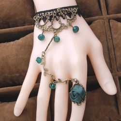 Black Lace Flower Vine Beads Bracelet With Rose Ring 