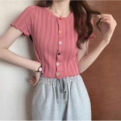 O-Neck Front Button Short Sleeve European Style knitted  Korean Crop Top