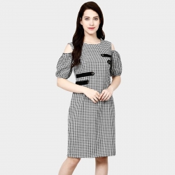 Littledesire Cotton Cold Shoulder Check Plaid Dress