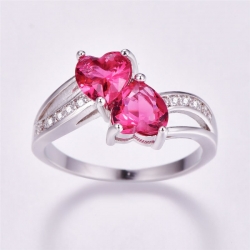 Littledesire Classic Pink Two Hearts CZ Silver Ring