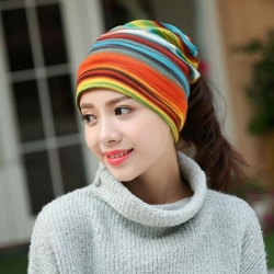 Fashion Striped Print Cotton Warm Circle Winter Hat/Scarf 