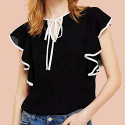 Women Black Plain White Piping Tie Neck Top