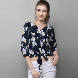 Floral Print Navy Blue Crepe Crop Tie Waist Top