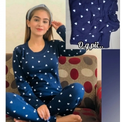 Heart Print Cotton Top & Pajama Night Suit For Girls