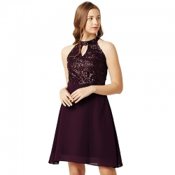 Purple Sequenced Keyhole Neck Skater Dress