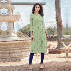 A- Line Boat Neck Printed Green Kurta