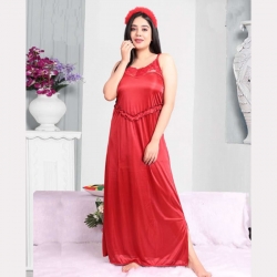 Lace Design Satin V Neck Plain Nighty 