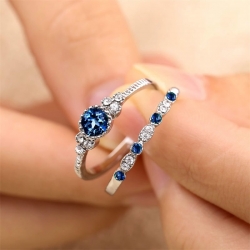 2Pcs/Set Luxury Blue Crystal Silver Plated Rings