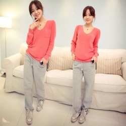 V-Neck Long Sleeve Pocket Soft Sweater 