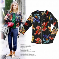 Printed Flower Long Sleeve Black Zipper Jacket