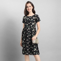 Black Crepe Floral Print A-line & Flare Dress 