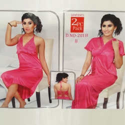 Deep V-Neck Satin Long Wrap Gown & Nighty 2pcs