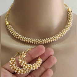 White Moti Choker Gold Plated Necklace with earrings