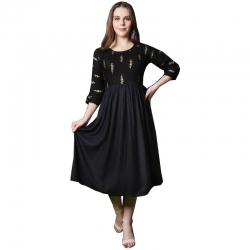 Littledesire Gold Foil Print Round Neck Black Kurta