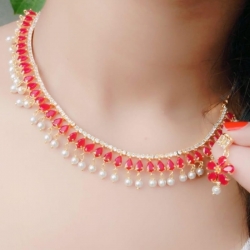 Fashion Pink Stone Golden Chain Pearl Necklace & Earrings Set