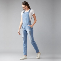 Miss Chase Blue Distressed Stretchable Slim Fit Denim Dungarees