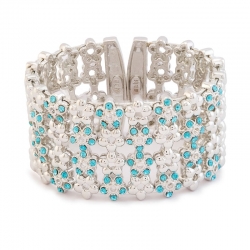 Crystal Blue Floral Rhodium Plated Kada Cuff Bracelet