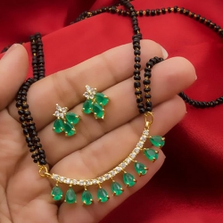 American Diamond Green & White Stone Studded Mangalsutra Earrings Set