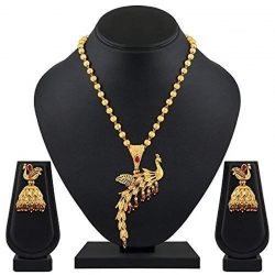 Stylish Peacock Gold Plated Matinee Style Stone Brass Necklace Mala Set