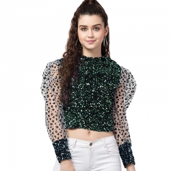 Balloon Sleeve Lace Sequins Waist Length Top