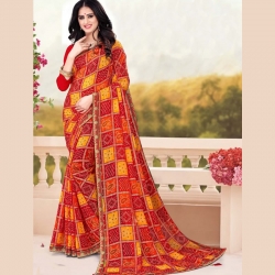 Check Printed Georgette Bandhani Saree