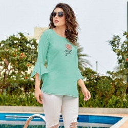 Bell Sleeve Round Neck Floral Embroidered Stylish Top