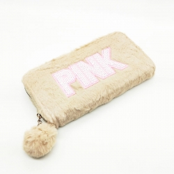 Faux Fur Zipper Puff Ball Clutch Wallet